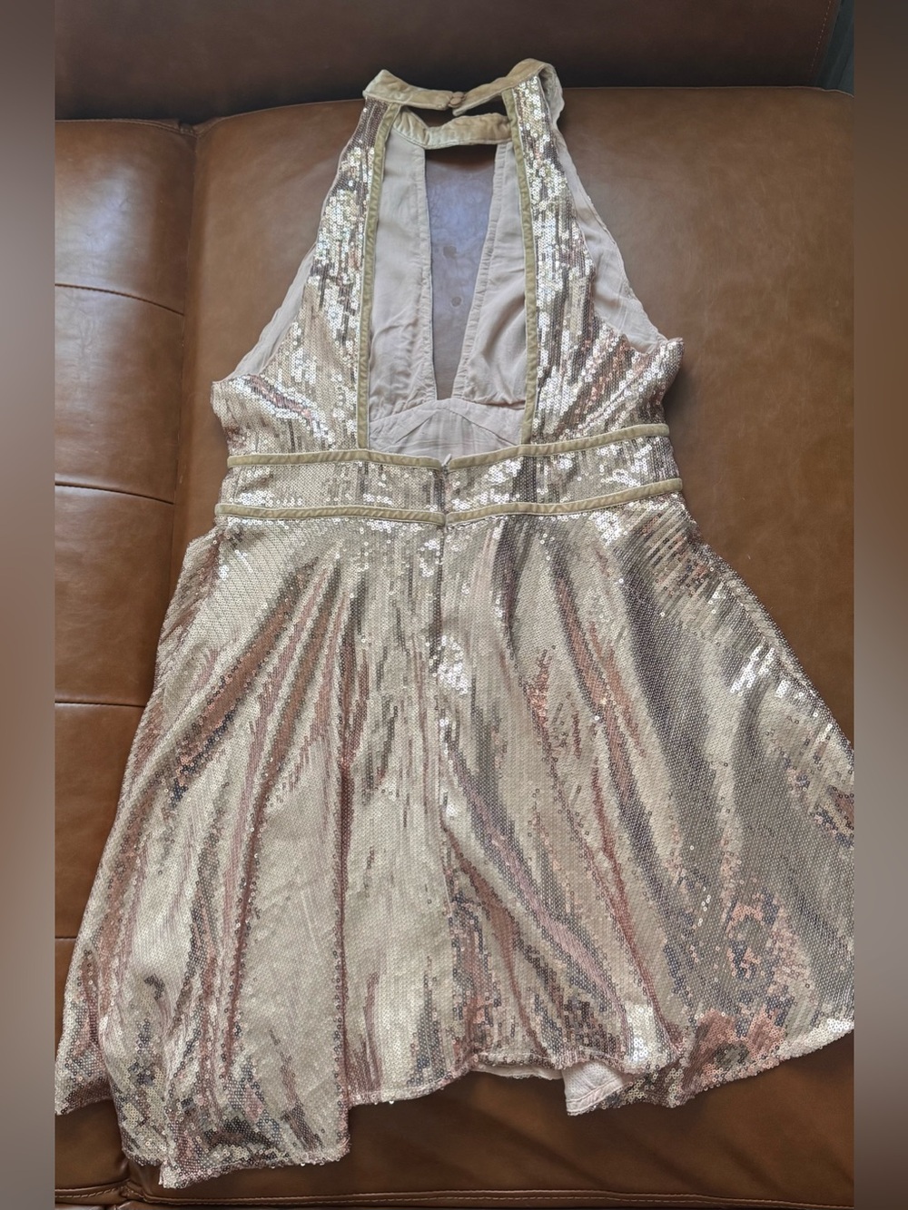 Free People Rose Gold Sequin Halter Mini Size 6 Open Back Party Cocktail Dress - Picture 3 of 10